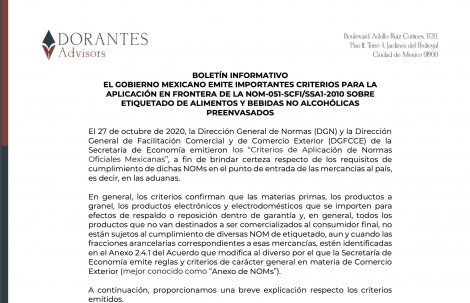 BOLETÍN INFORMATIVO EL GOBIERNO MEXICANO EMITE IMPORTANTES CRITERIOS PARA LA APLICACIÓN EN FRONTERA DE LA NOM-051-SCFI/SSA1-2010 SOBRE ETIQUETADO DE ALIMENTOS Y BEBIDAS NO ALCOHÓLICAS PREENVASADOS